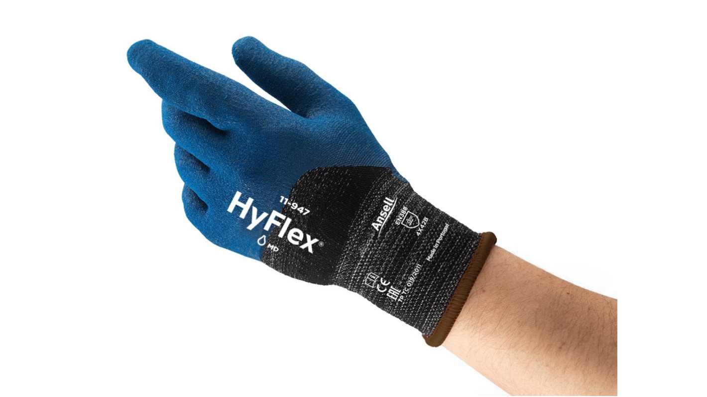 Ansell HyFlex 11-947 Blue Fibreglass, Polyamide Abrasion Resistant, Cut Resistant Gloves, Size 7, Waterbased PU Coating