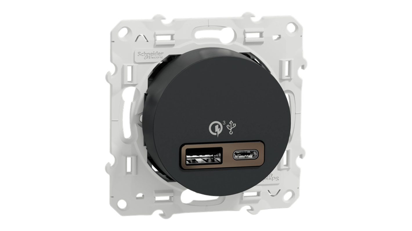 Schneider Electric S54 Anthracite Plug Socket, 2.4A, USB A, USB C, Indoor Use