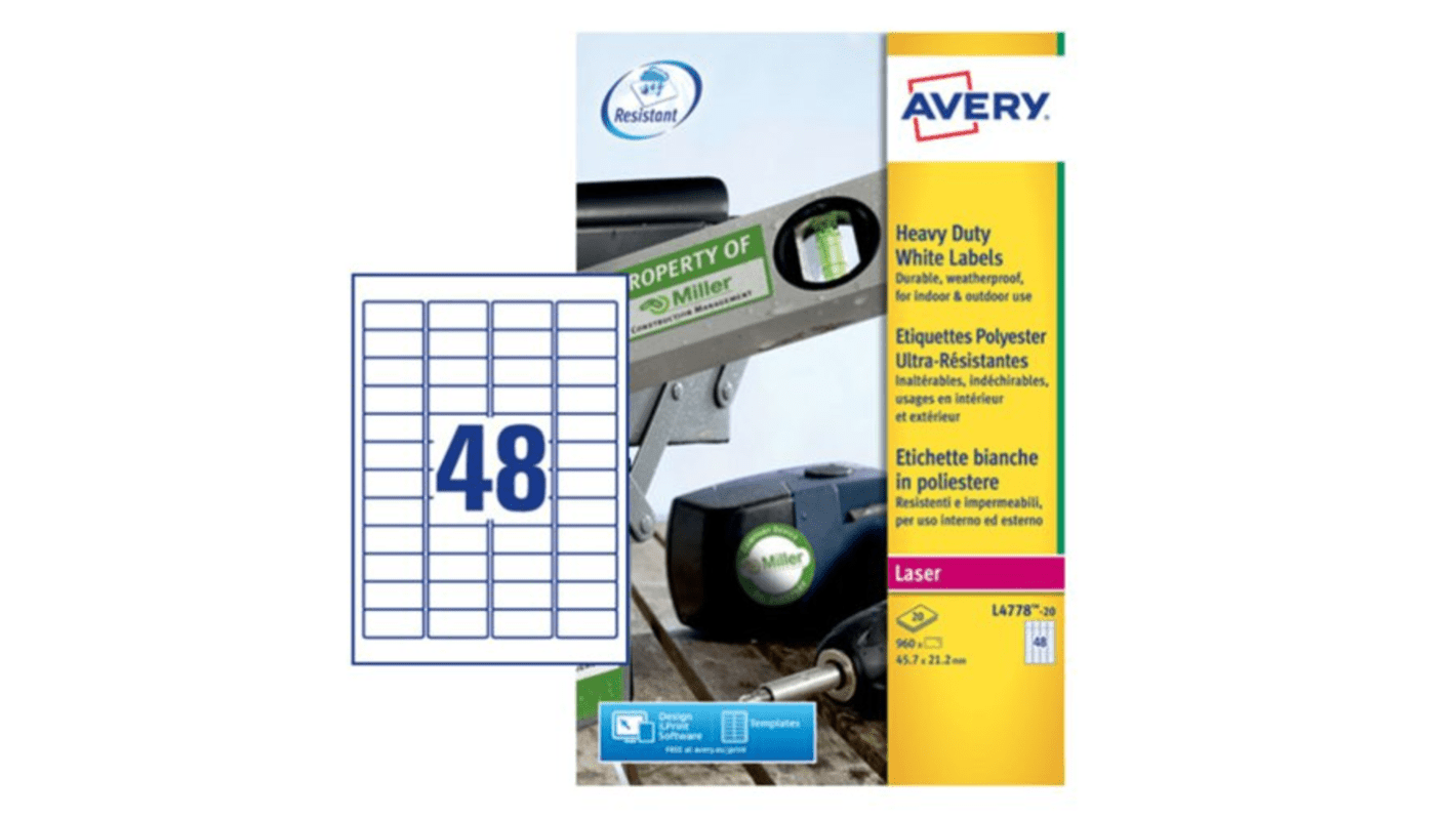 Avery White Adhesive High Visibility Label Sheet, Pack of 20Sheets