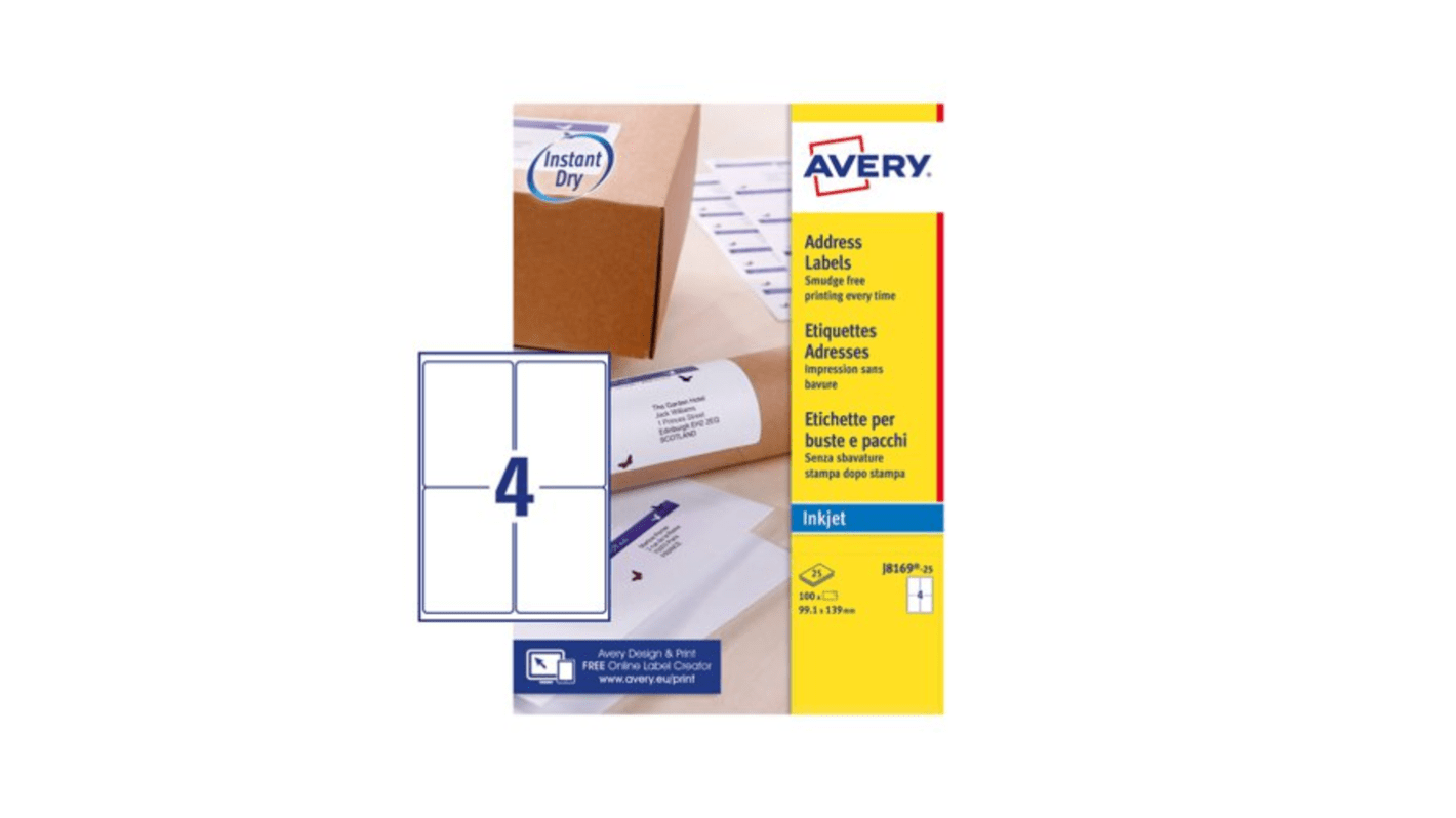 Avery 不干胶标签纸, 白色, 高可见性适用, 25Sheets, 99mm x 139mm