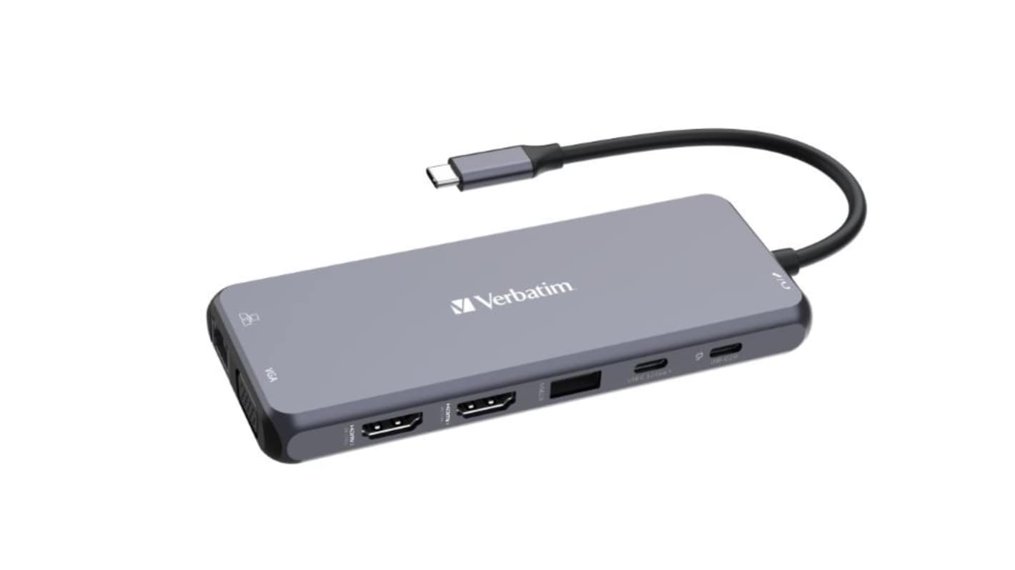 Verbatim 8 Port USB 2.0, USB 3.0 USB A, USB C  Hub, USB Bus Powered, 140 x 55.4 x 15mm