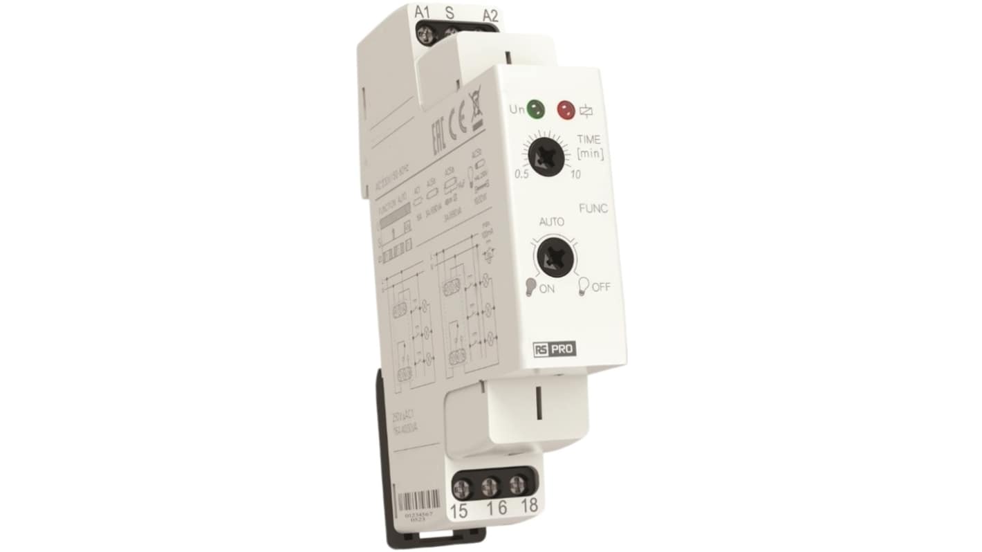 RS PRO DIN Rail Mount Timer Relay, 230V ac, 1-Contact, 0.5 → 10min, 3-Function, CO