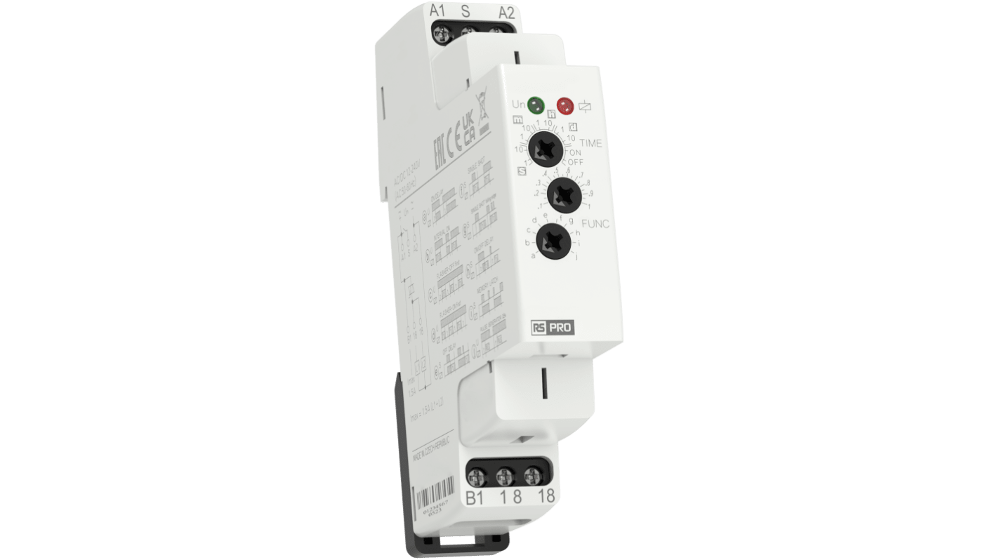 RS PRO DIN Rail Mount Timer Relay, 12 → 240V ac/dc, 1-Contact, 0.1 s → 10days, 10-Function, Static