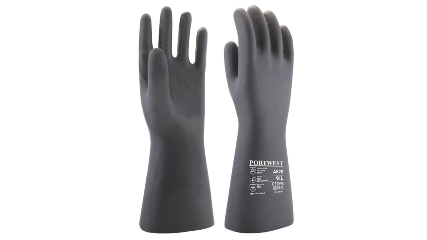 Portwest Hand Protection Black Cotton, Rubber Chemical Resistant Work Gloves, Size XL
