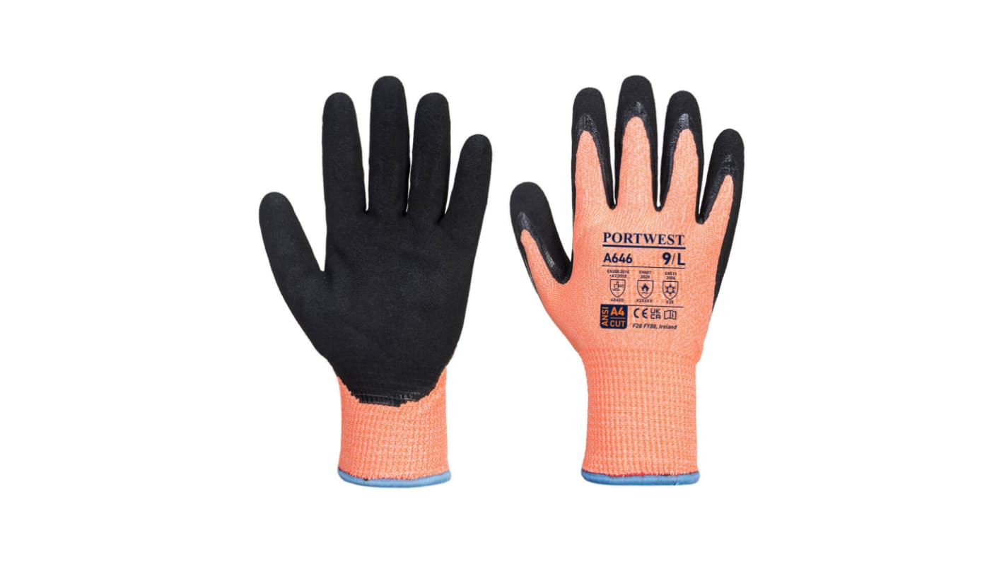 Portwest Hand Protection Black, Orange Acrylic, Elastic, Glass Fibre, HPPE, Polyester Cut Resistant Work Gloves, Size