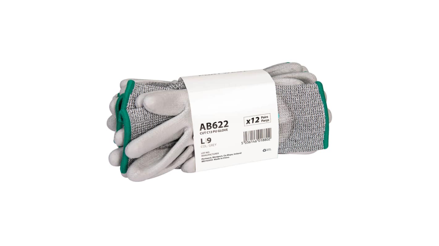 Portwest Hand Protection Grey Elastane, Glass Fibre, HPPE, Polyester Cut Resistant Work Gloves, Size L, Polyurethane