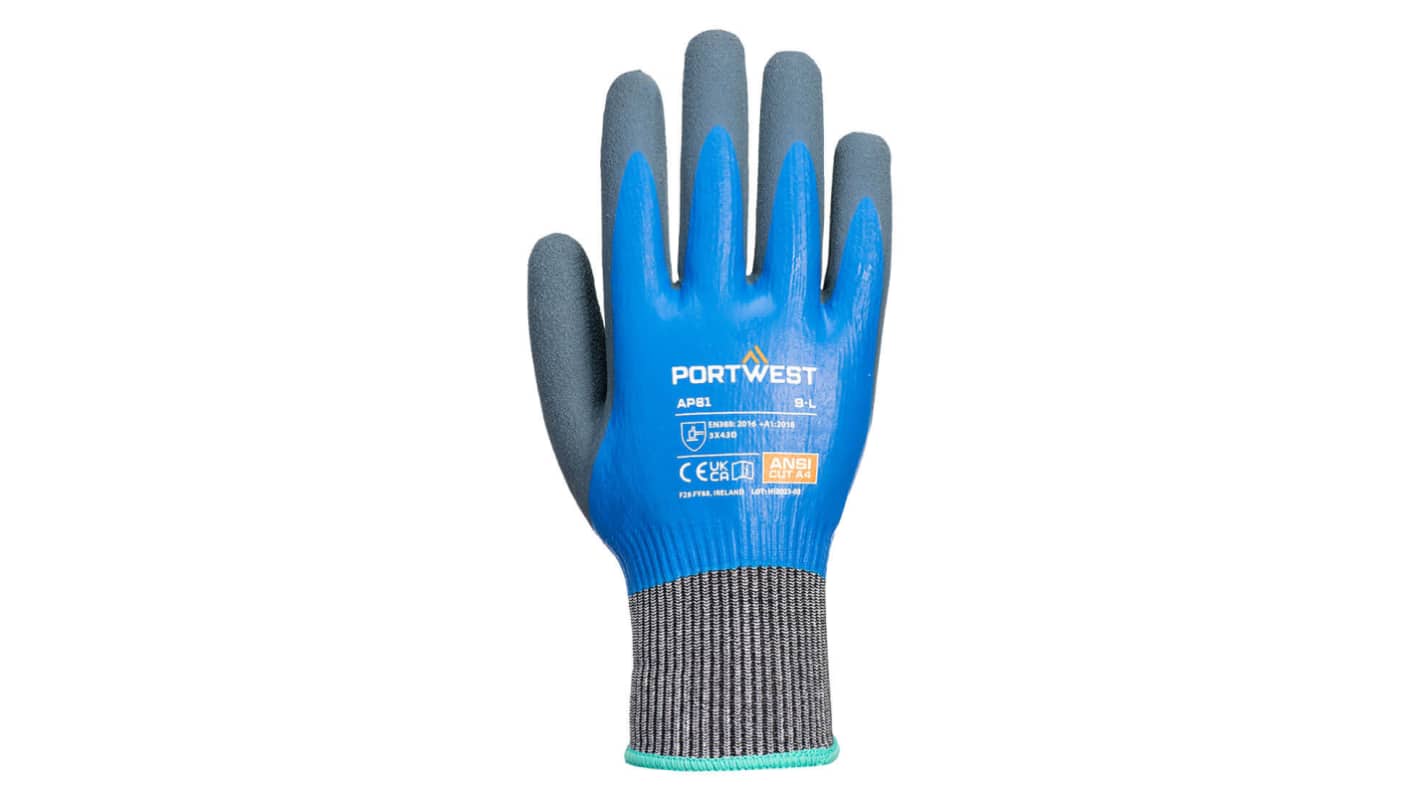 Portwest Hand Protection Blue Elastane, Glass Fibre, HPPE, Polyester Cut Resistant Work Gloves, Size XXL, Latex Coating