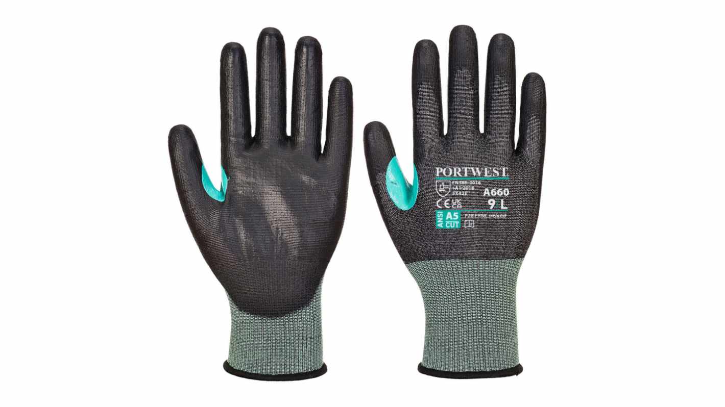 Portwest Hand Protection Black Elastane, Elastic, HPPE, Nylon, Steel Fibre Cut Resistant Work Gloves, Size L,