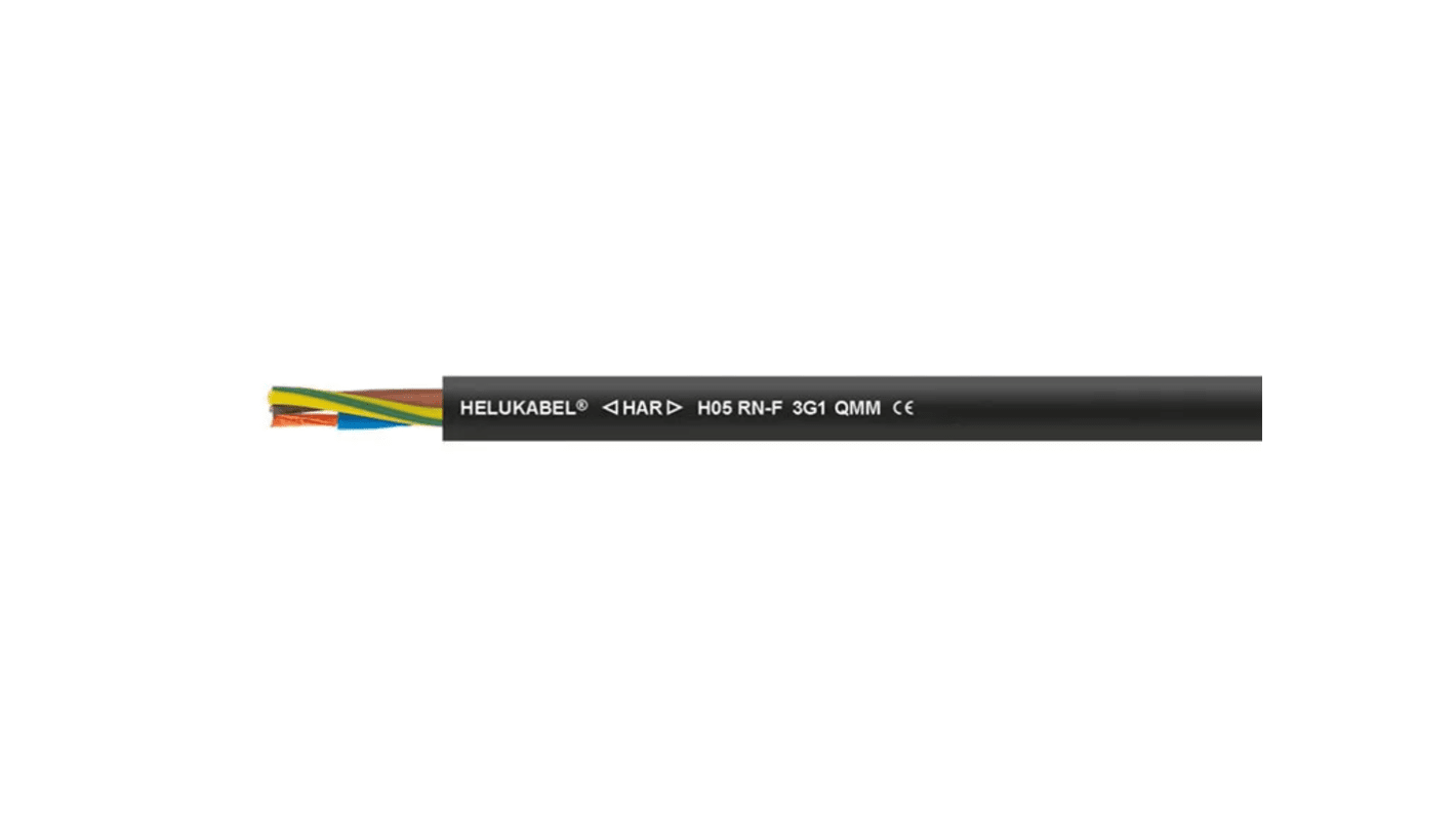 Helukabel H05RN Control Cable, 3 Cores, 1 mm², Screened, Black, 18 AWG