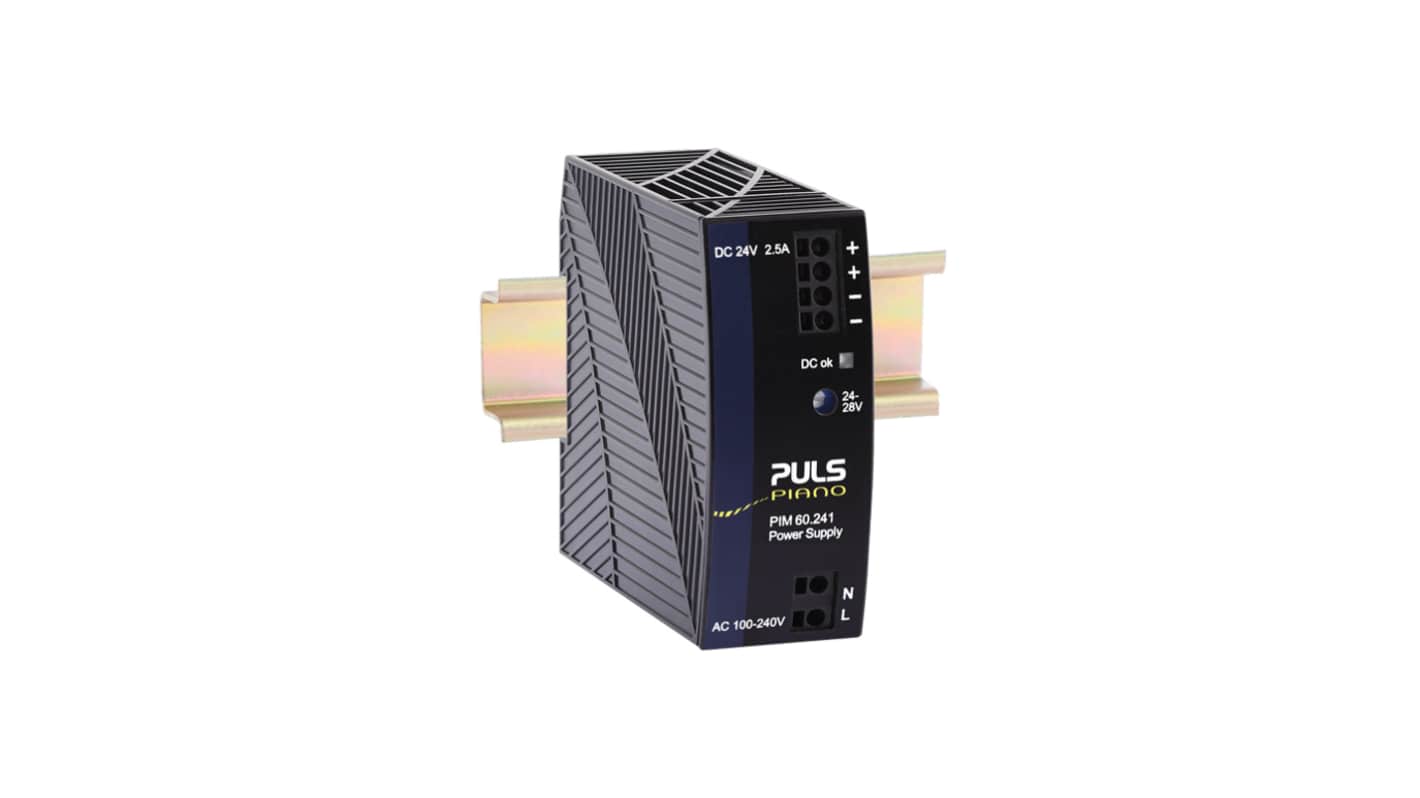 PULS PIM60 DIN Rail Power Supply, 240V ac Input, 24V dc Output, 2.5A Output, 60W