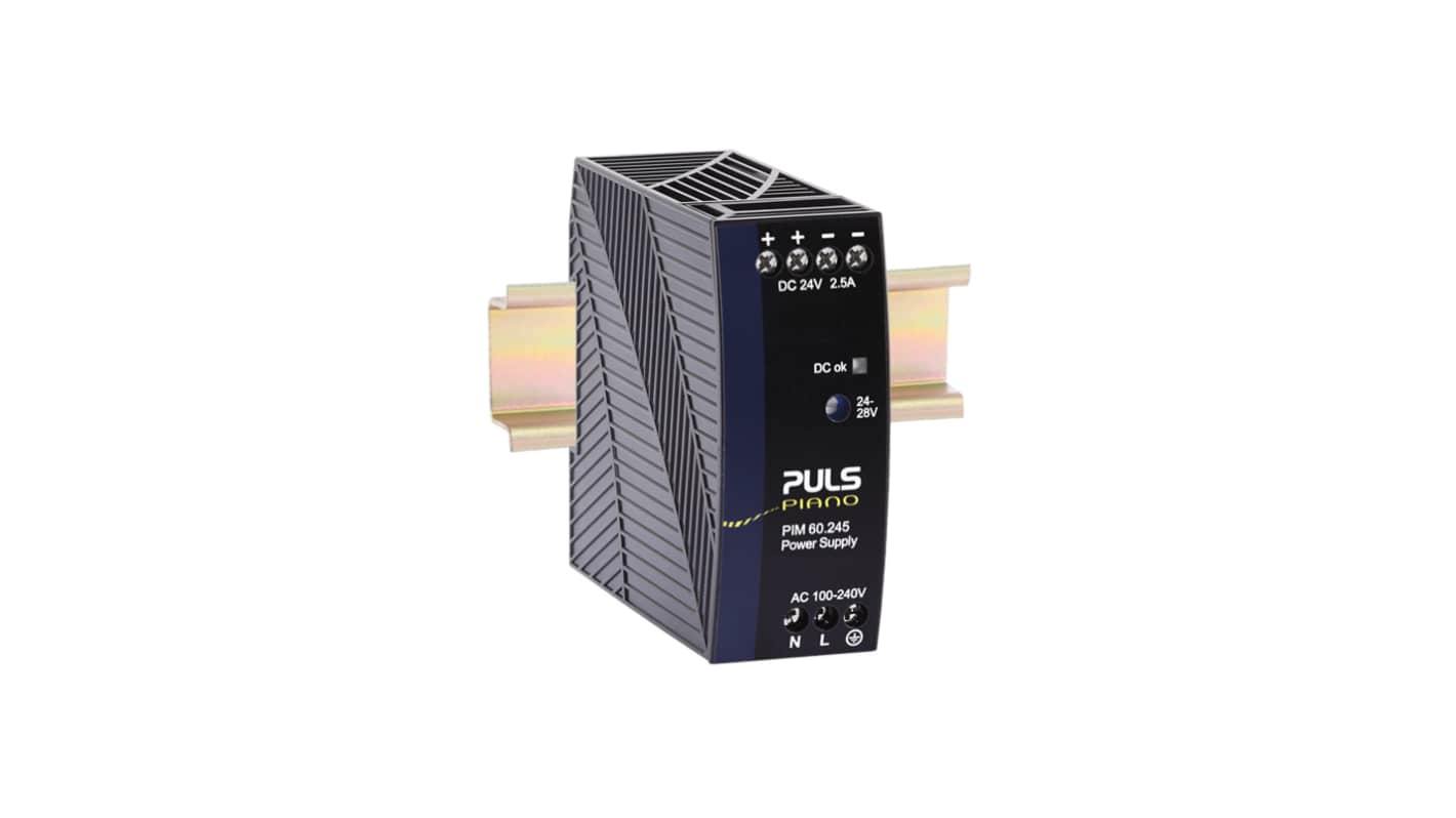 PULS PIM60 DIN Rail Power Supply, 240V ac Input, 24V dc Output, 2.5A Output, 60W