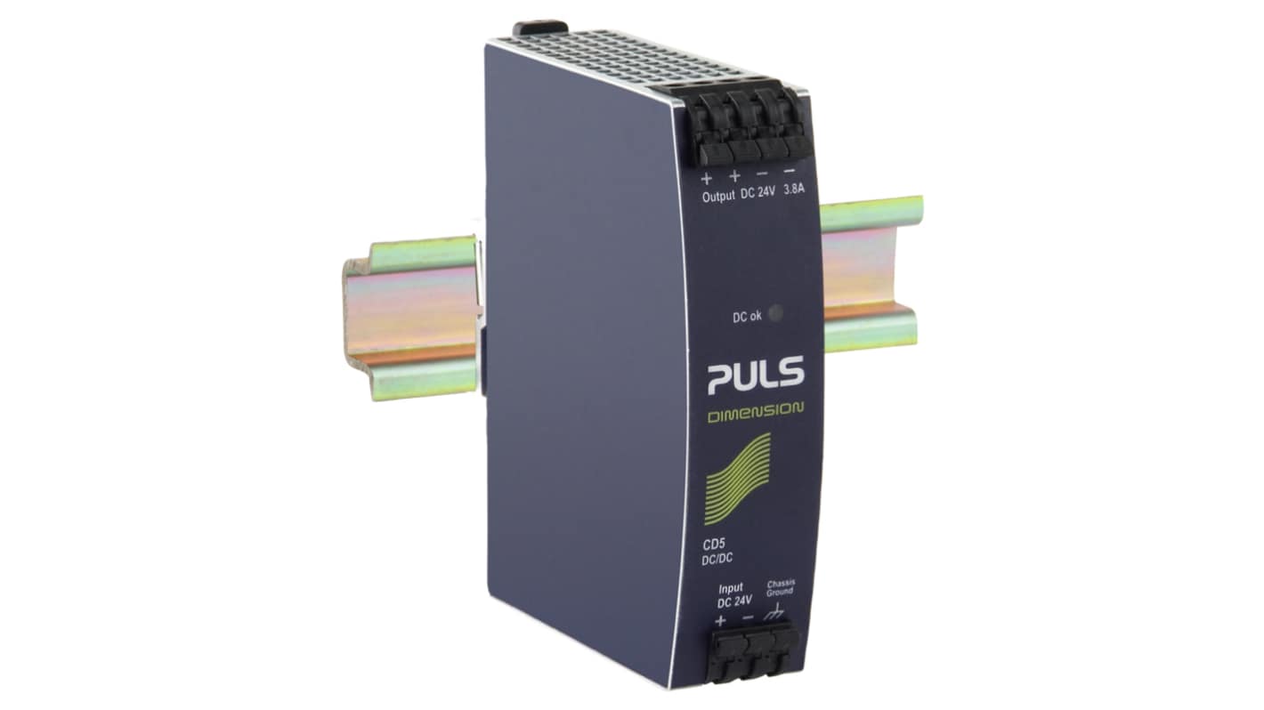 PULS CD5 DC-DC Converter, 24V dc/ 3.8A Output, 14.4 → 32.4 V dc Input, Wall Mount, +70°C Max Temp -25°C Min Temp
