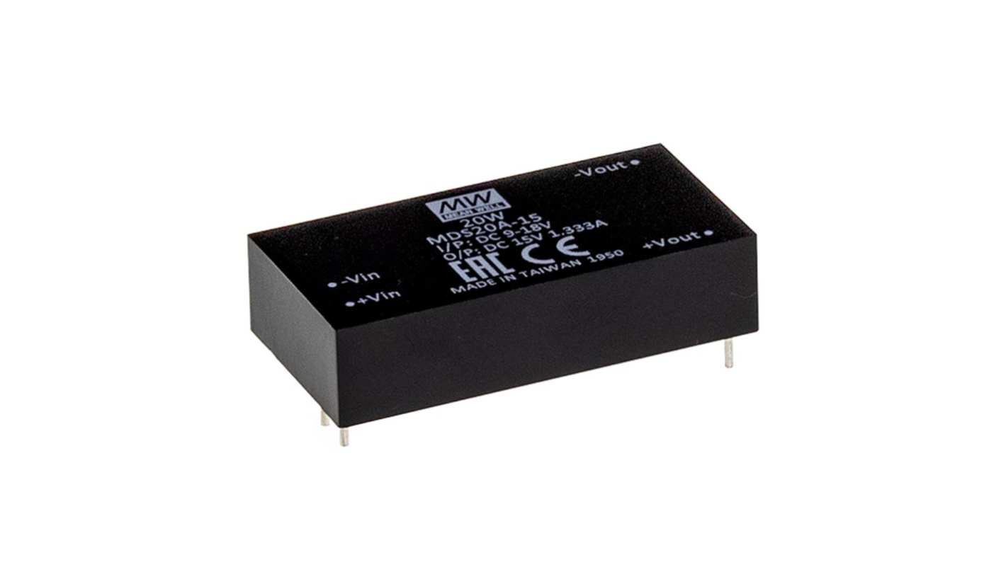 MEAN WELL MDS20 DC-DC Converter, 12V dc/ 1.67A Output, 18 - 36 V dc Input, 20W, +90°C Max Temp -40°C Min Temp