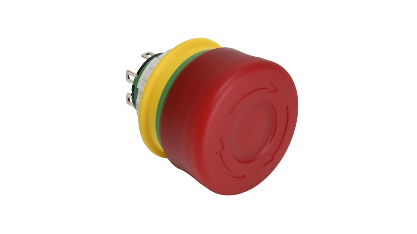 Idec XA1E Series Push Lock Turn Reset Emergency Stop Push Button, Panel Mount, 16mm Cutout, DPST, IP65, IP67, IP69K