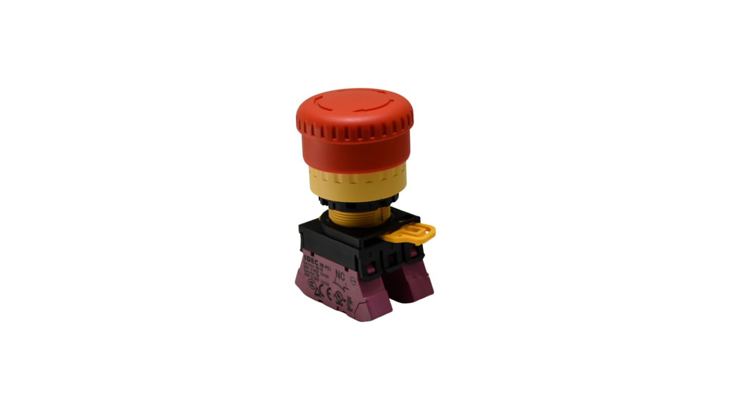 Idec YW1B Series Push Lock Turn Reset Emergency Stop Push Button, Panel Mount, 22mm Cutout, 2XNC, IP65, IP67, IP69K