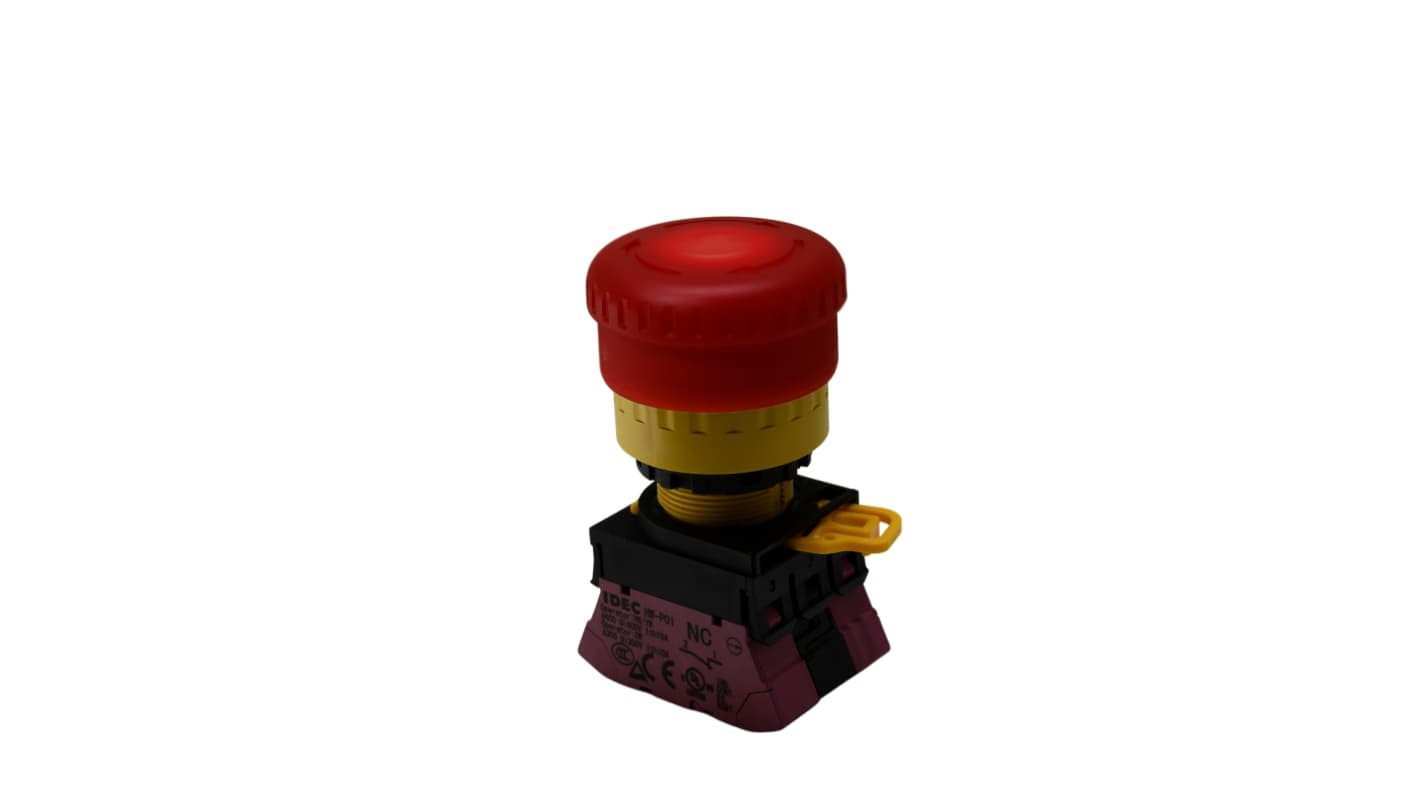 Idec YW1L Series Push Lock Turn Reset Emergency Stop Push Button, Panel Mount, 22mm Cutout, 2XNC, IP65, IP67, IP69K
