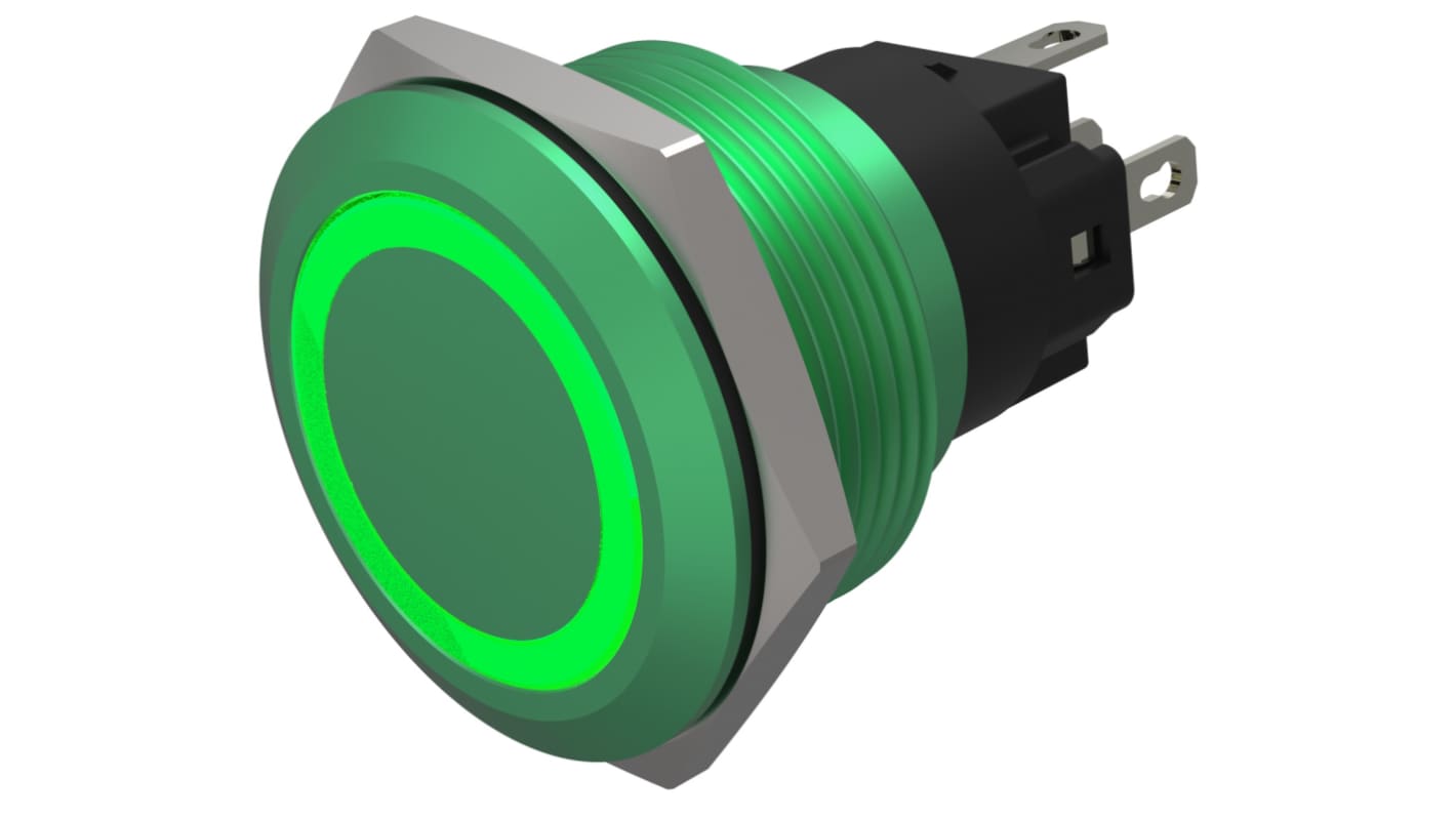 EAO Series 82 Series Illuminated Push Button Switch, Momentary, Flush Mount, 22mm Cutout, SPST, SPST, Green LED, 24V,