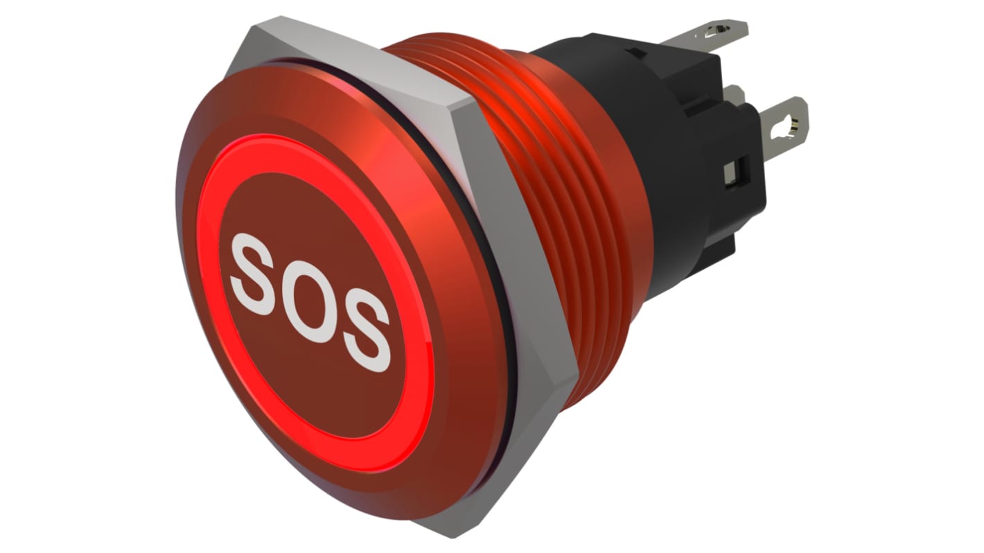 EAO Series 82 Series Illuminated Push Button Switch, Momentary, Flush Mount, 22mm Cutout, SPST, SPST, Red LED, 24V,