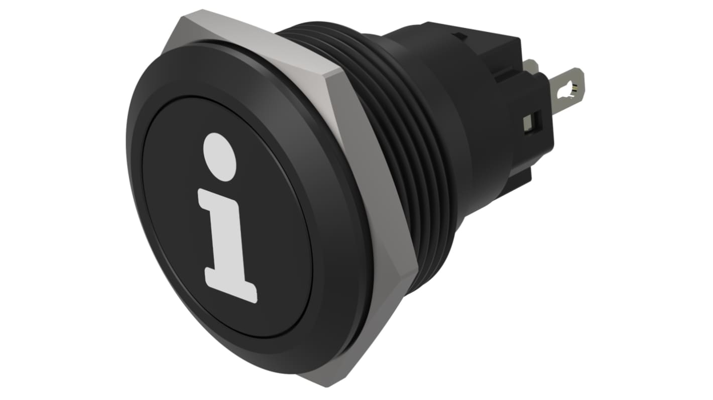EAO Series 82 Series Push Button Switch, Momentary, Flush Mount, 22mm Cutout, SPST, SPST, IP65, IP67