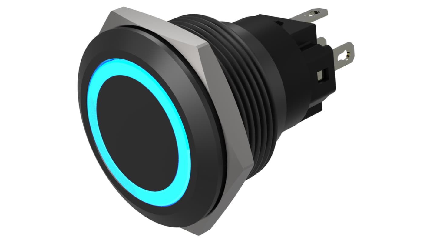 EAO Series 82 Series Illuminated Push Button Switch, Momentary, Flush Mount, 22mm Cutout, SPST, SPST, Blue LED, 24V,