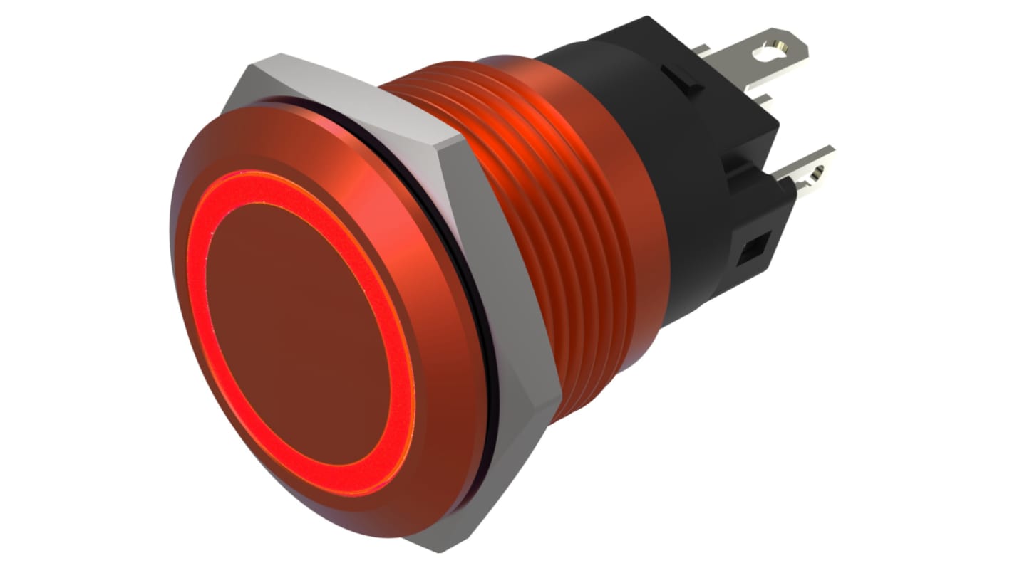 EAO Series 82 Series Illuminated Push Button Switch, Momentary, Flush Mount, 19mm Cutout, SPST, SPST, Red LED, 24V,