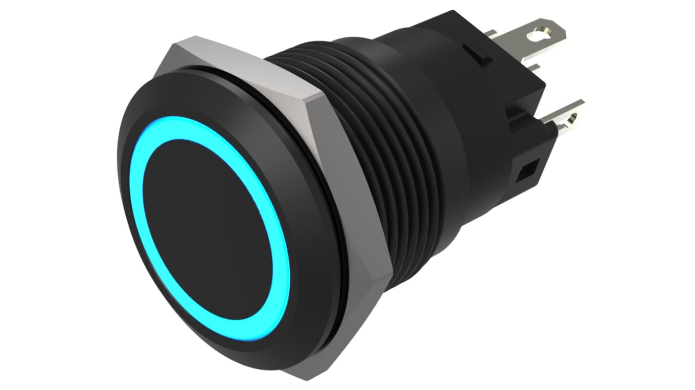 EAO Series 82 Series Illuminated Push Button Switch, Maintained, Flush Mount, 19mm Cutout, SPST, SPST, Blue LED, 24V,