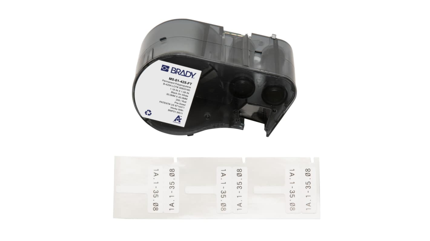 Brady 标签打印机标签纸, 白底黑字, 1.181″宽 x 1.575in长标签, 1.575″/卷, 用于BMP51, BMP53, M510, M511打印机, B-425A系列