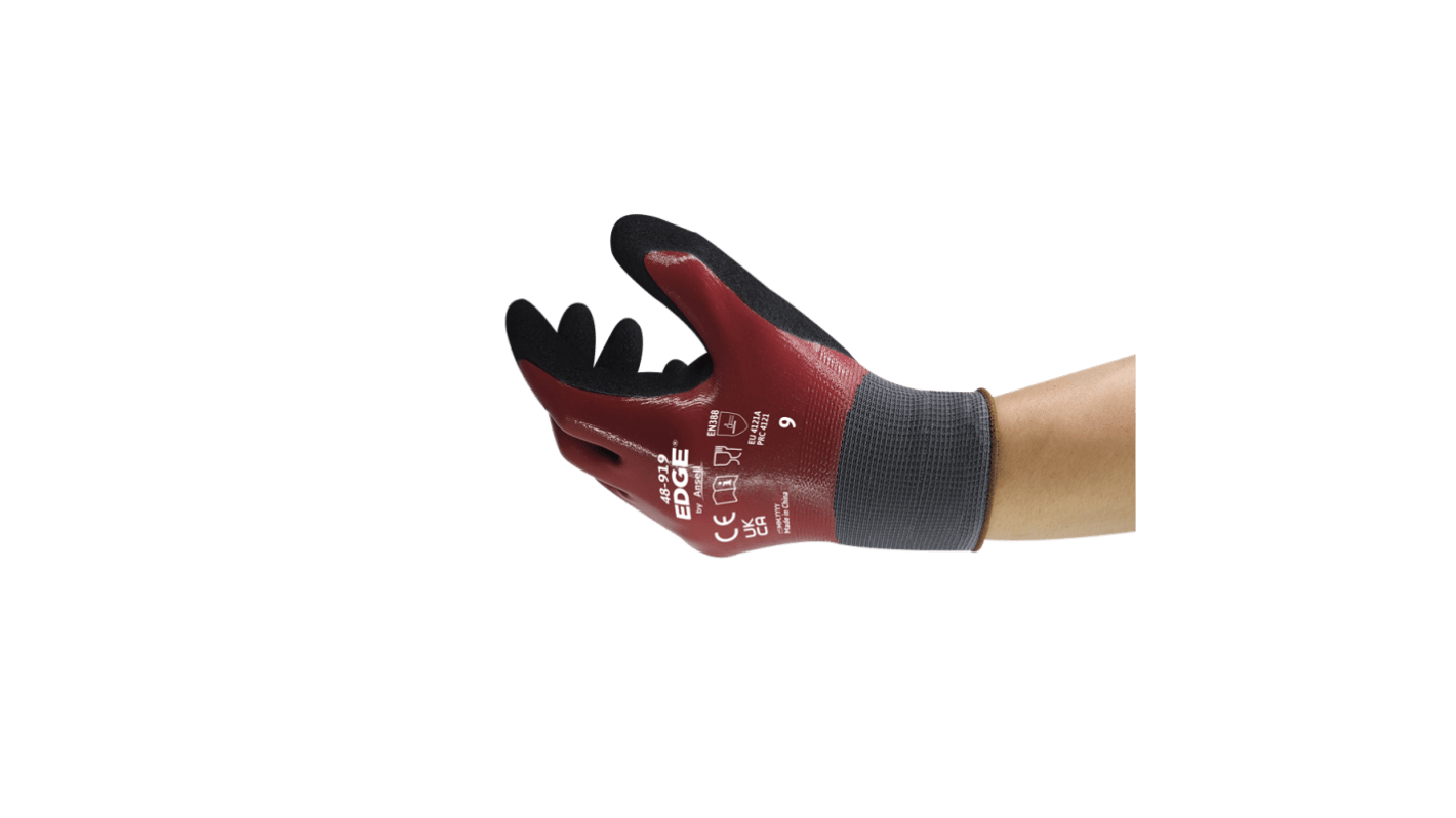 Ansell Edge 48-919 Black/Red Polyester Oil Resistant Work Gloves, Size 12, Nitrile Coating