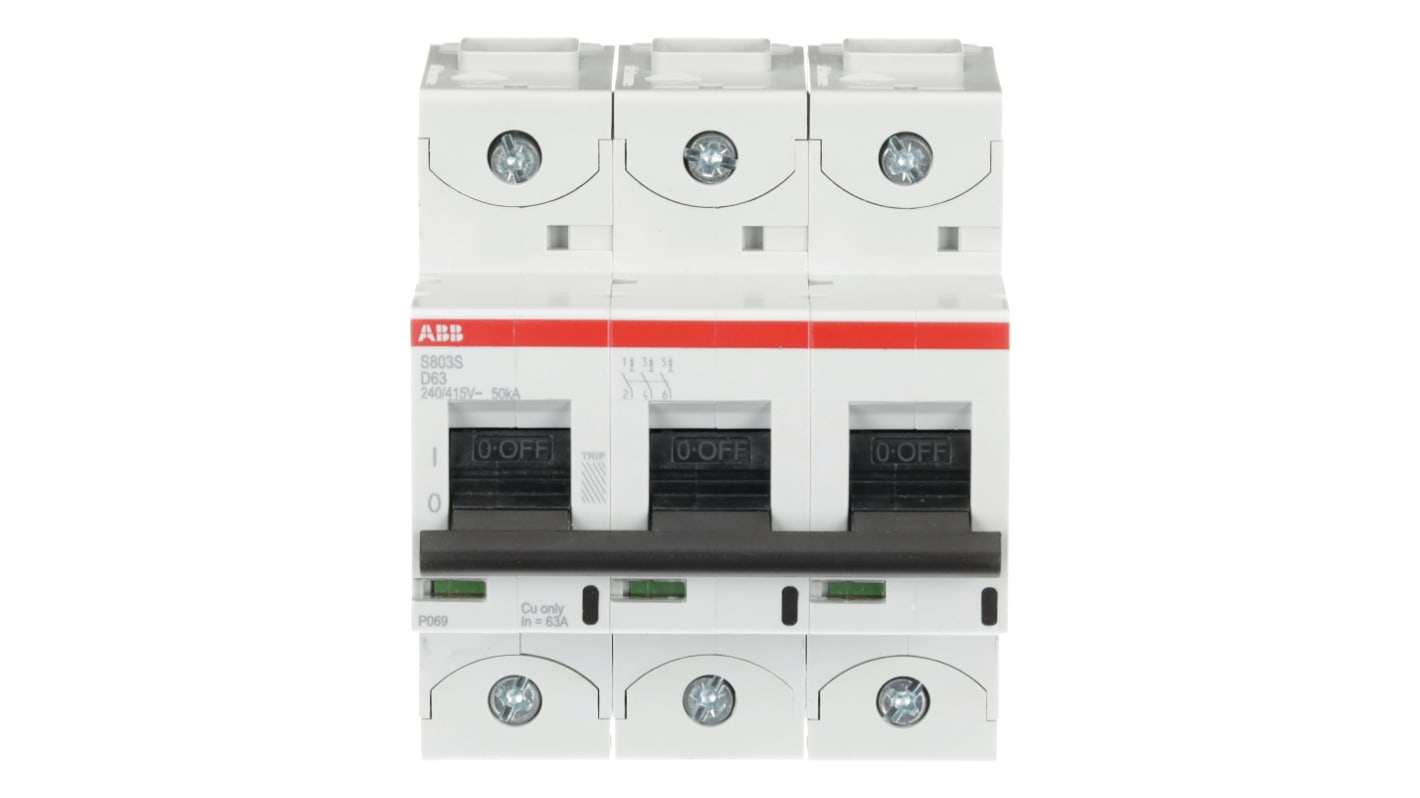 ABB D型MCB, 3极, 50 kA分断, 63A, 400VAC, 250VDC, S800S系列 S803S-D63