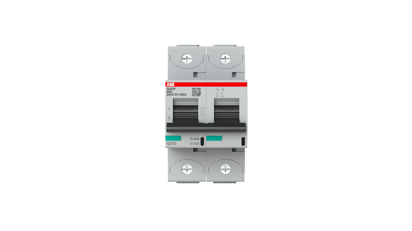 ABB B型MCB, 2极, 50 kA分断, 80A, 400VAC, 250VDC, S800S系列 S802P-B80