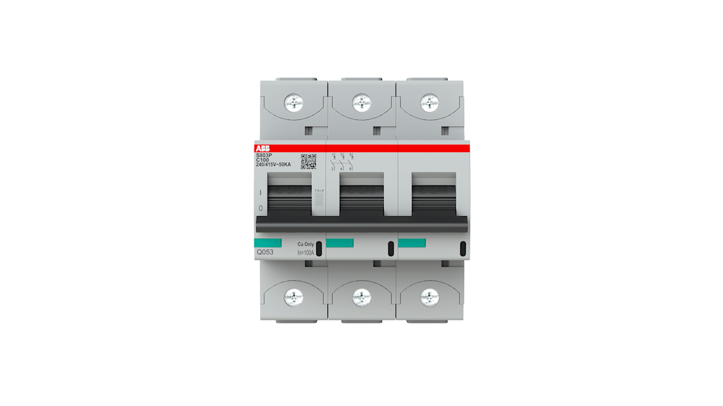 ABB C型MCB, 3极, 50 kA分断, 100A, 400VAC, 250VDC, S800S系列 S803P-C100