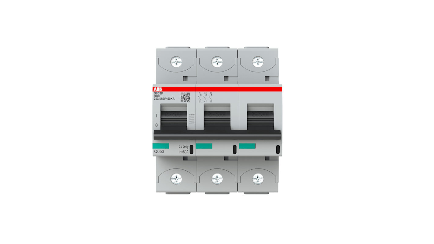 ABB B型MCB, 3极, 36 kA分断, 80A, 400VAC, S800N系列 S803P-B80