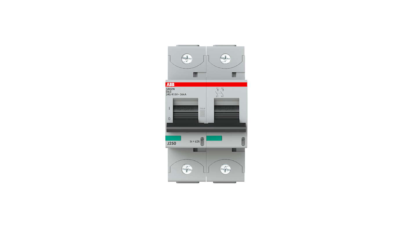 ABB D型MCB, 2极, 6 kA分断, 63A, 400VAC, S800N系列 S802N-D63