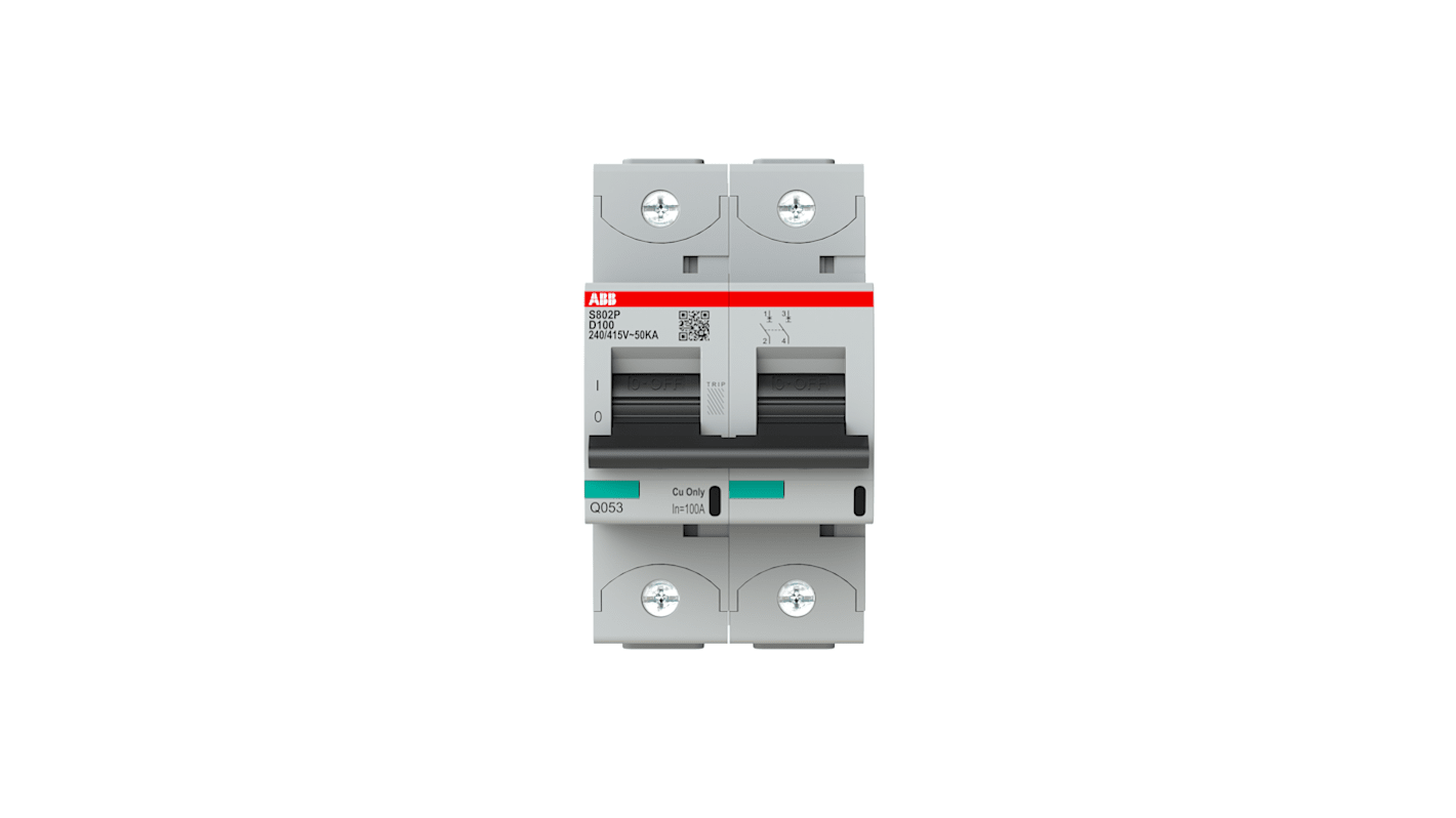 Interruptor automático 2P, 100A, Curva Tipo D, Poder de corte 36 kA S802P-D100, Altas prestaciones, Montaje en Carril