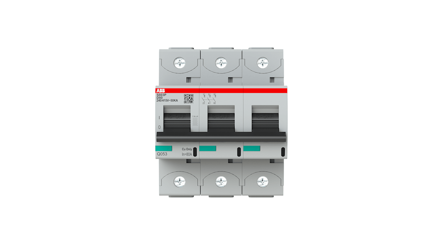 ABB D型MCB, 3极, 36 kA分断, 80A, 400VAC, S800N系列 S803P-D80