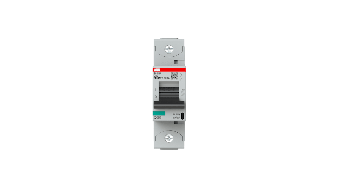 ABB High Performance S800N MCB, 1P, 80A Curve C, 400V AC, 36 kA Breaking Capacity