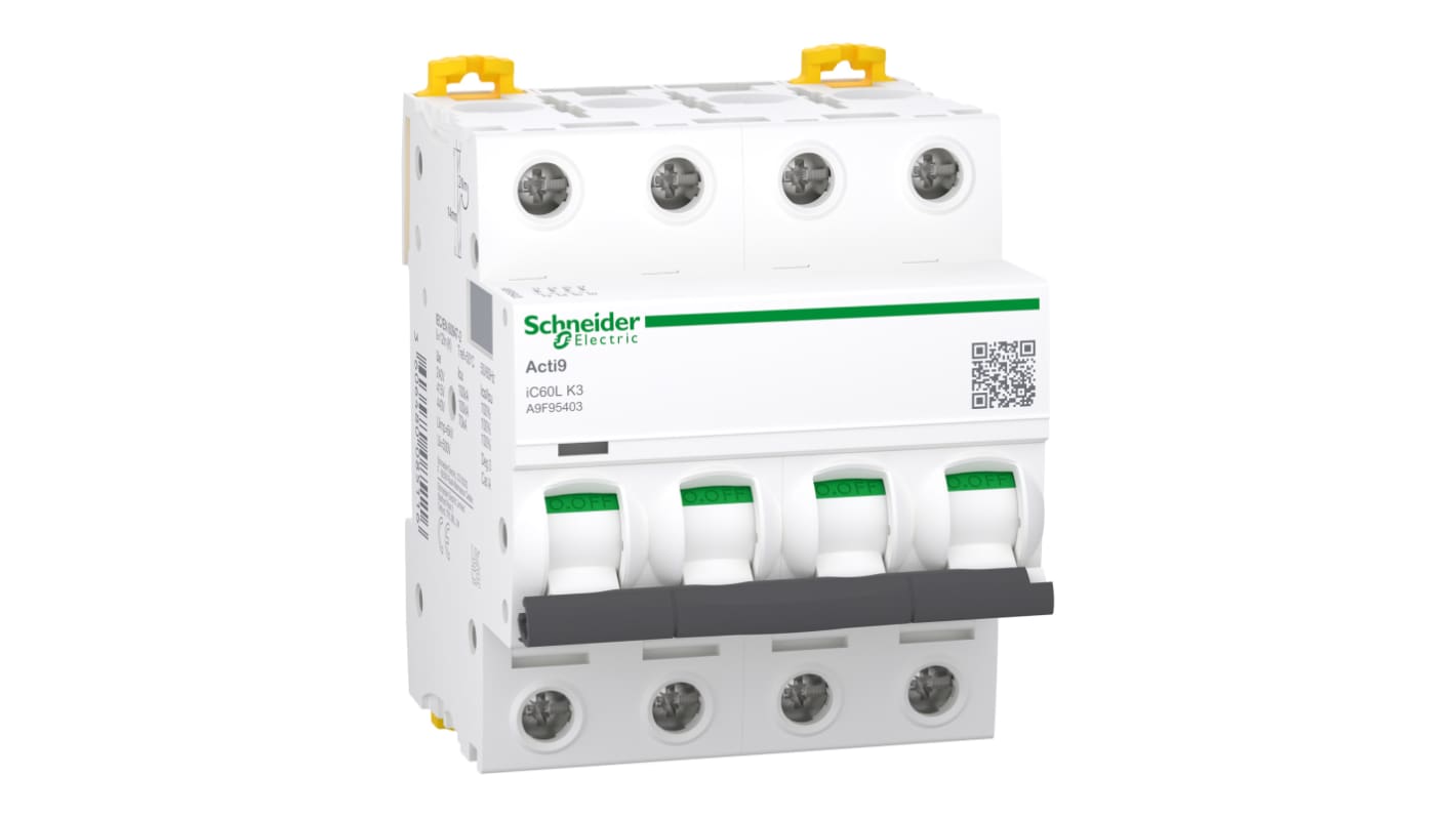 Schneider Electric K型小型断路器, 4P极, 15000 A分断, 3A, 500VAC, A9F系列