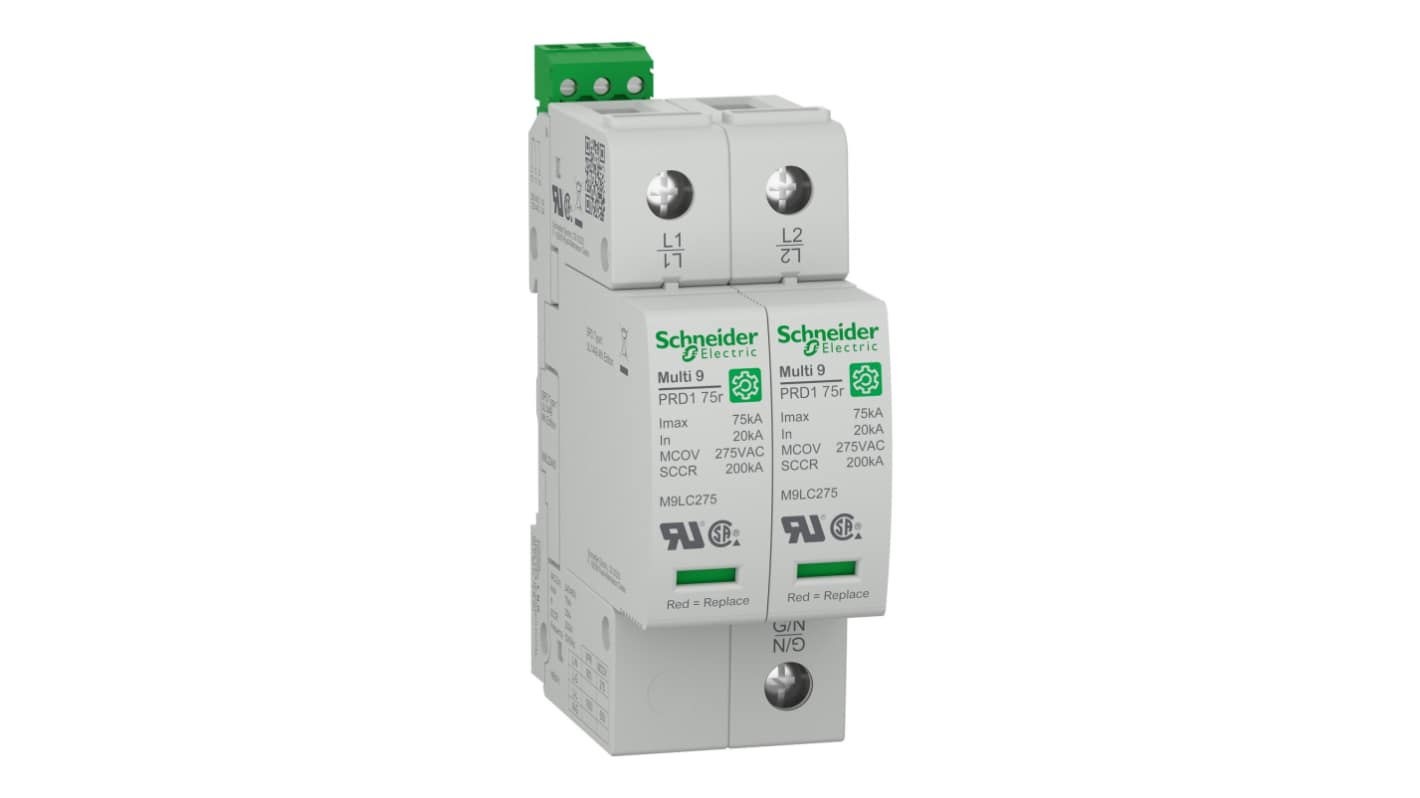 Schneider Electric 双相浪涌抑制器, 电压保护1800V (Volts), 最大75kA, 夹子安装, M9L系列