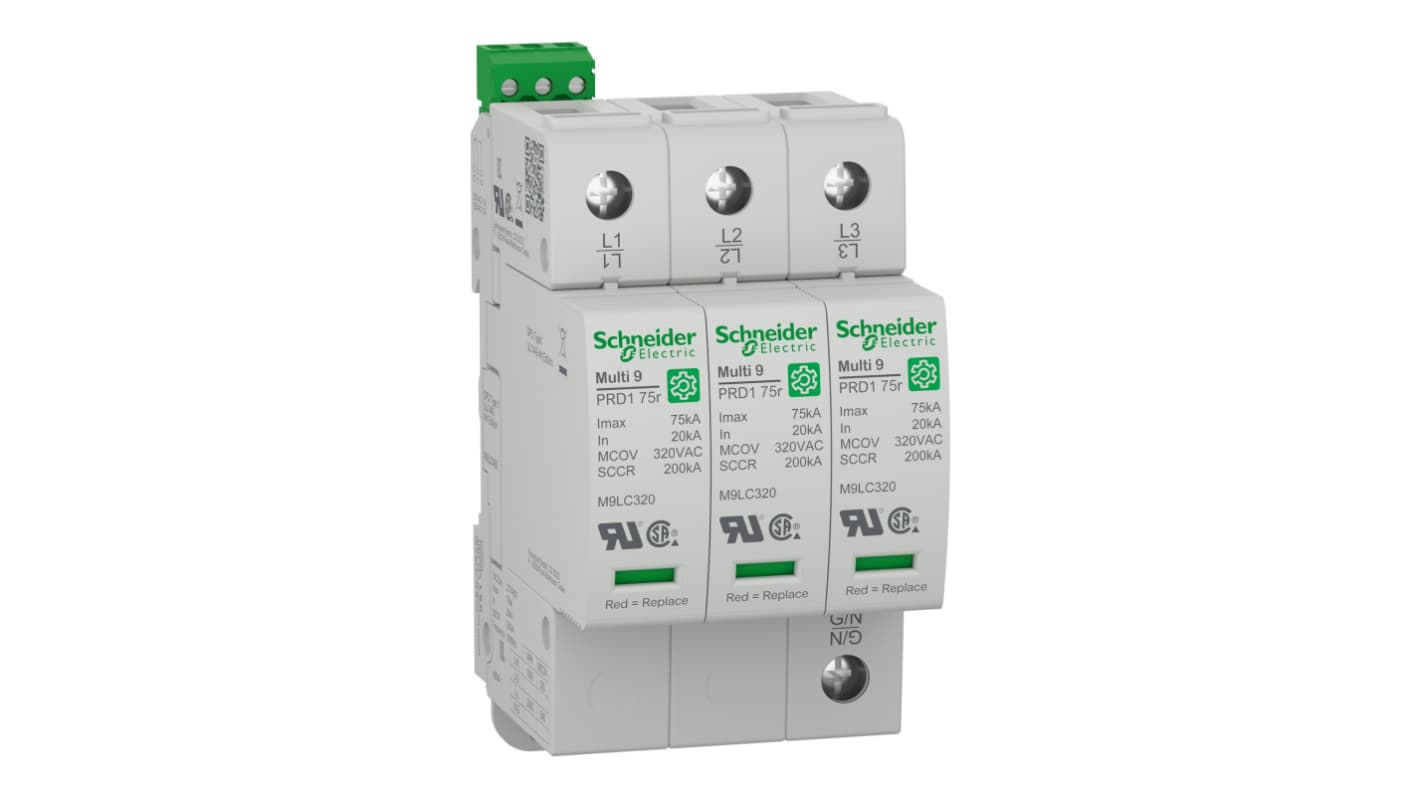 Schneider Electric 3 Phase Surge Arrester, 75kA, 2000V (Volts), Clip-On Mount