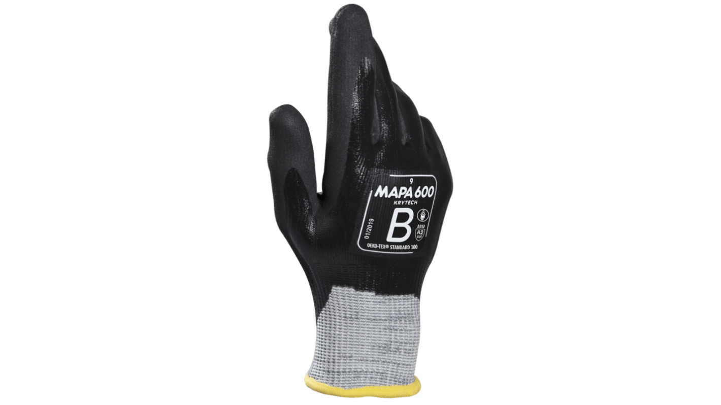Mapa KryTech 600 Black, Grey Nitrile Abrasion Resistant, Cut Resistant, General Purpose, Puncture Resistant, Tear