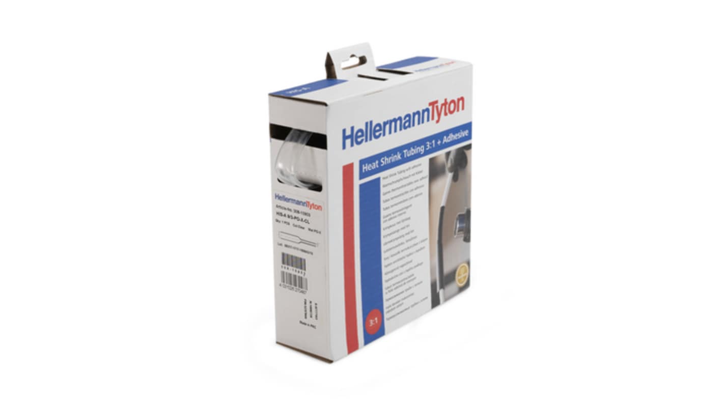 HellermannTyton Adhesive Lined Halogen Free Heat Shrink Tubing, Clear 3mm Sleeve Dia. x 10m Length 3:1 Ratio, HIS-A