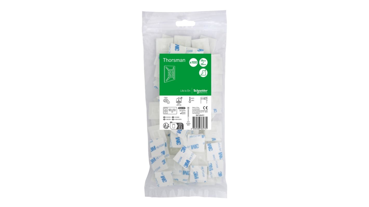 Schneider Electric Cable Tie, Self-adhesive Base, 28mm x 28 mm, Clear Polyamide, Pk-1