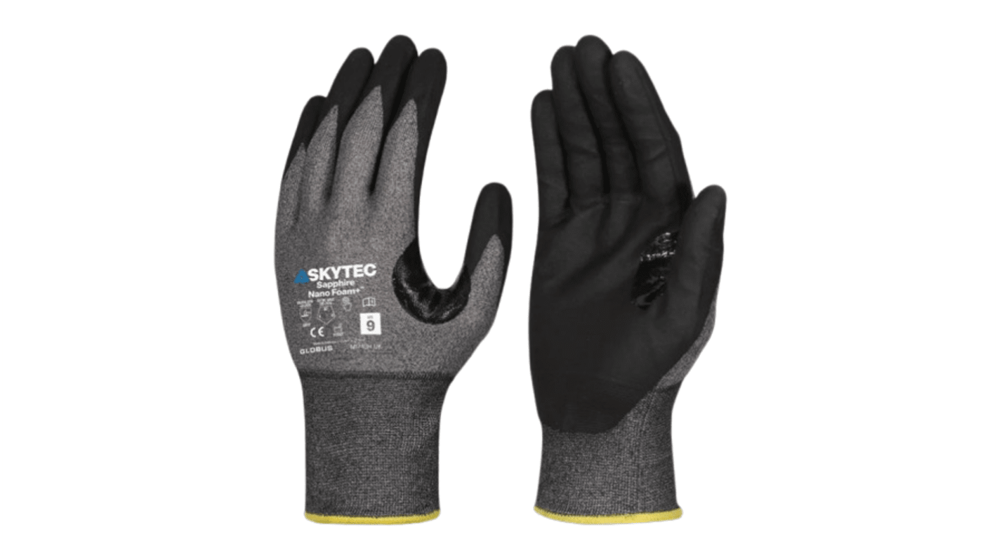 Skytec Sapphire Nano Foam +™ Black, Grey HPPE, Nylon, Tungsten Cut Resistant Work Gloves, Size M, Foam Nitrile Coating