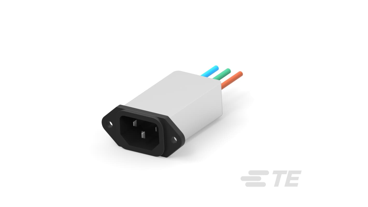 TE Connectivity 6A, 250 V ac Male Flange Mount IEC Inlet Filter 1-6609016-5, Wire Leads
