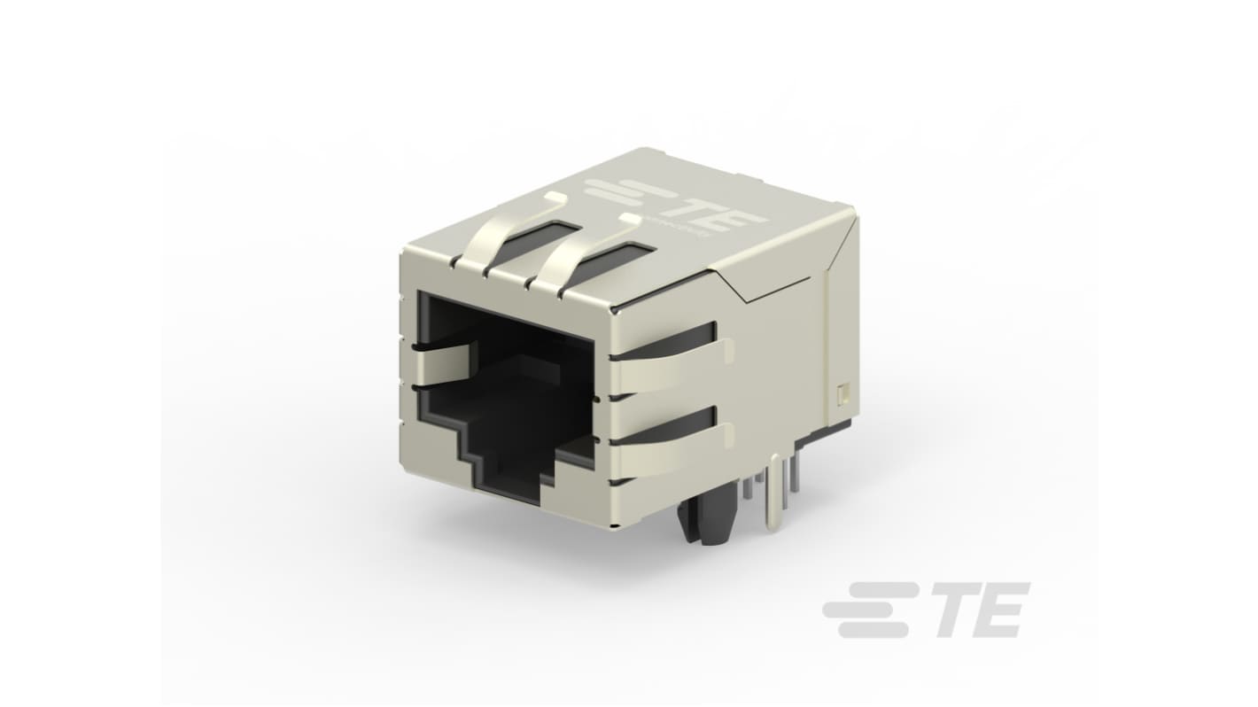 TE Connectivity 2301994 Series Male RJ45 Connector, PCB, Cat5e, Nickel Plated Brass Shield Right Angle 1 x 1 Port 8 -Way