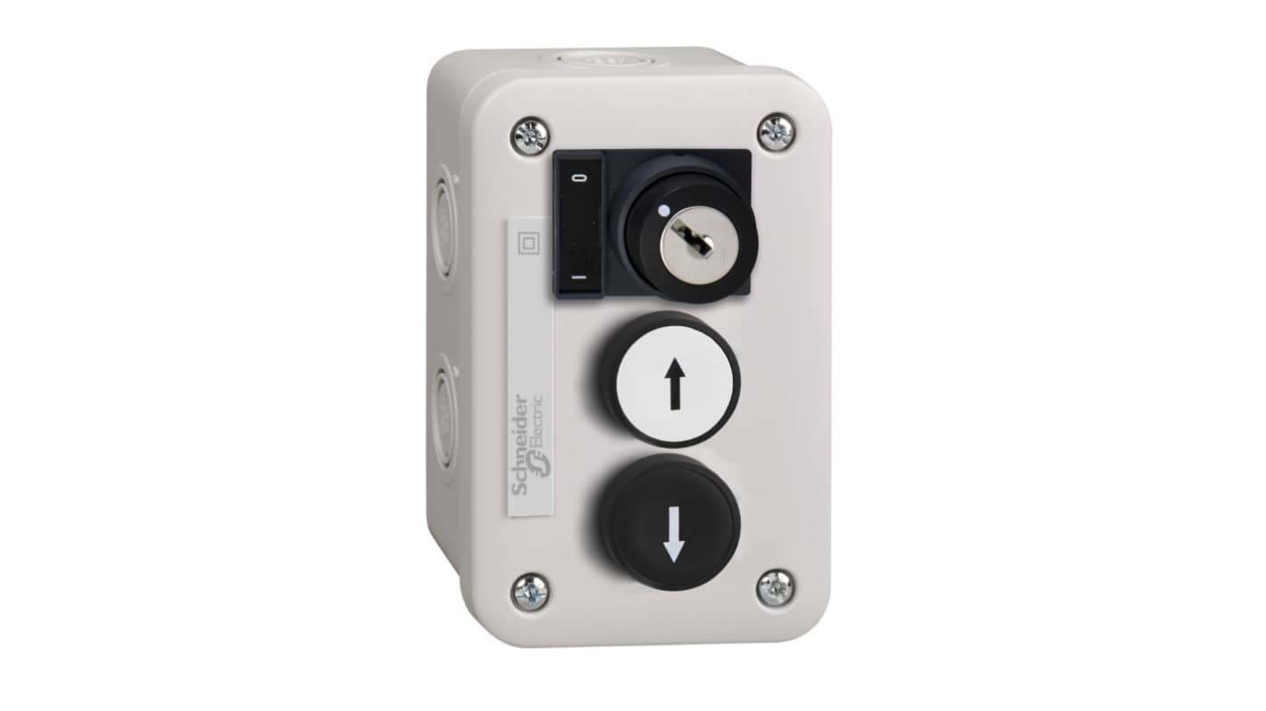 Schneider Electric Spring Return Control Station Switch - 1NO, ABS, 3 Cutouts, Black, White, Down Arrow, Up Arrow, IP54