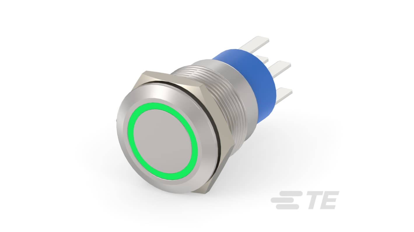 TE Connectivity Alcoswitch Series Illuminated Push Button Switch, Momentary, Panel Mount, DPST, Green LED, 250V ac, IP67
