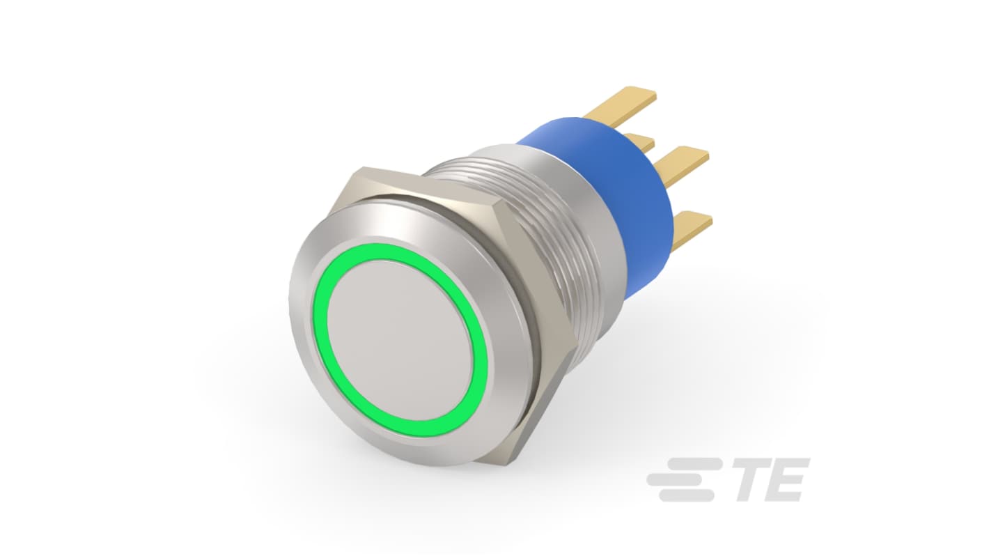 TE Connectivity Alcoswitch Series Illuminated Push Button Switch, Momentary, Panel Mount, DPST, Green LED, 250V ac, IP67