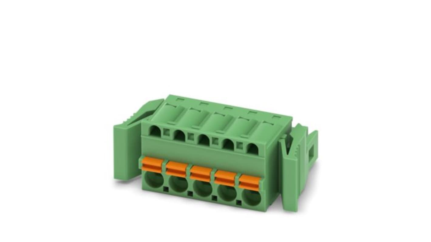 Phoenix Contact, 5mm Pitch, 5/..-ST-RF, FKC 2, 5 Way, , Pluggable Terminal Block, Plug, Latching, Push In Spring
