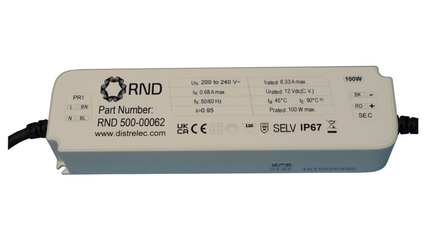 RND LED Driver, 12V Output, 100W Output, 8.33A Output, Constant Voltage